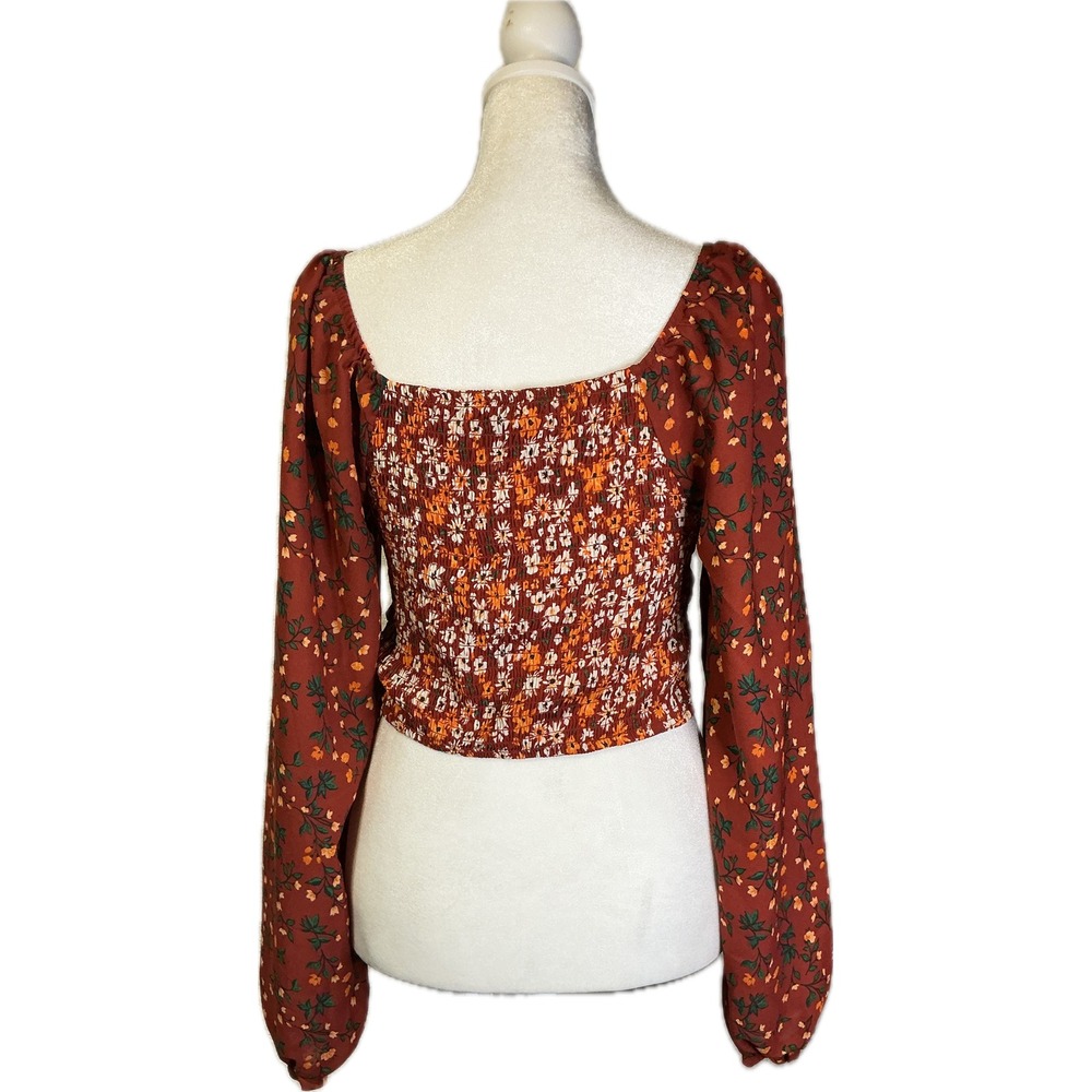 Boho Romantic Festival Rust Orange Floral Ruched Front Smocked Back Crop M
